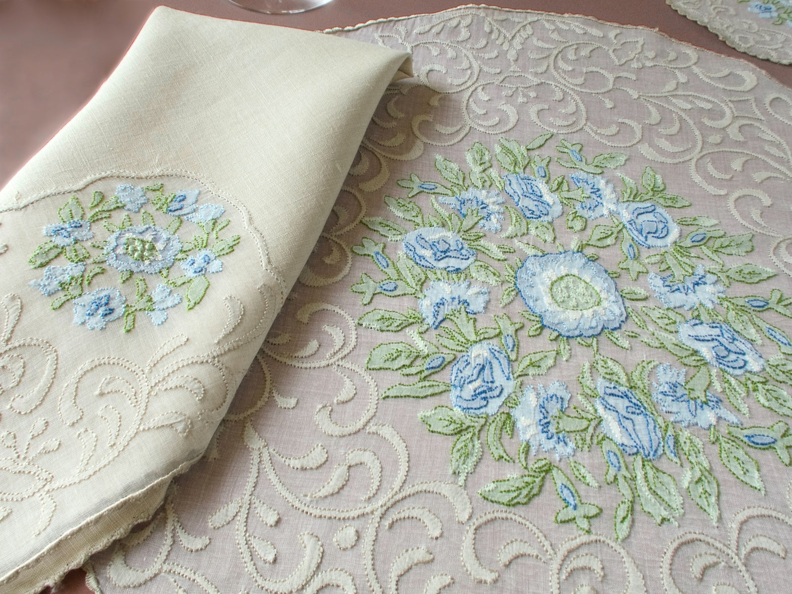 Vintage Madeira shadow work placemat set, round organdy placemat with blue flower embroidery