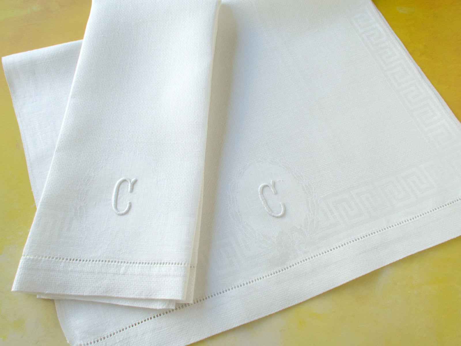"C" Monogram Huck Damask Linen Towels, Set of 2