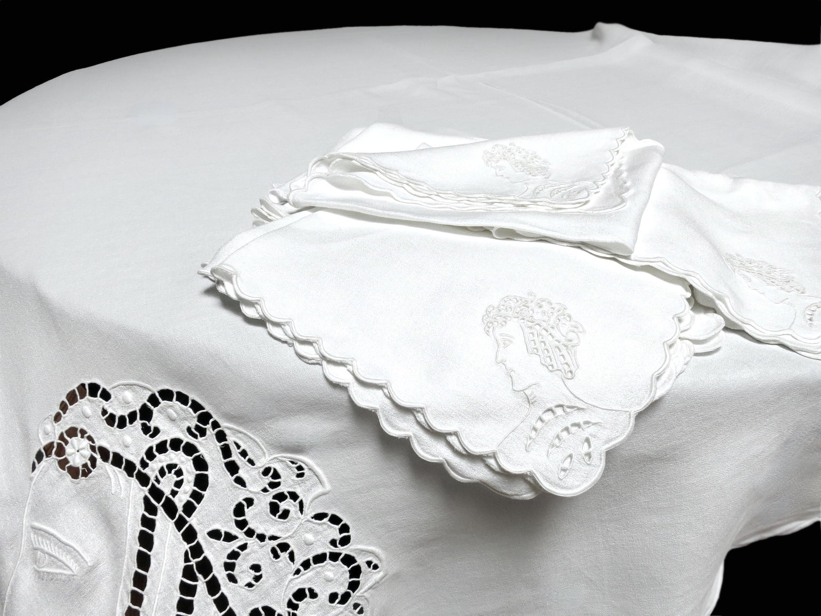 Art Deco Vintage Linen Square Tablecloth 68", 12 Napkins