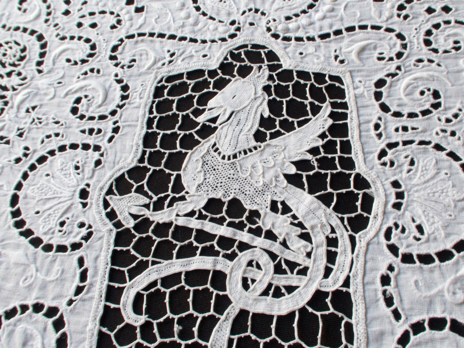 Dragons Italian Lace & Linen Vintage Round Tablecloth 54"