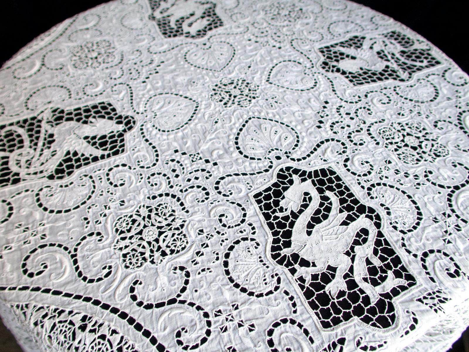 Dragons Italian Lace & Linen Vintage Round Tablecloth 54"