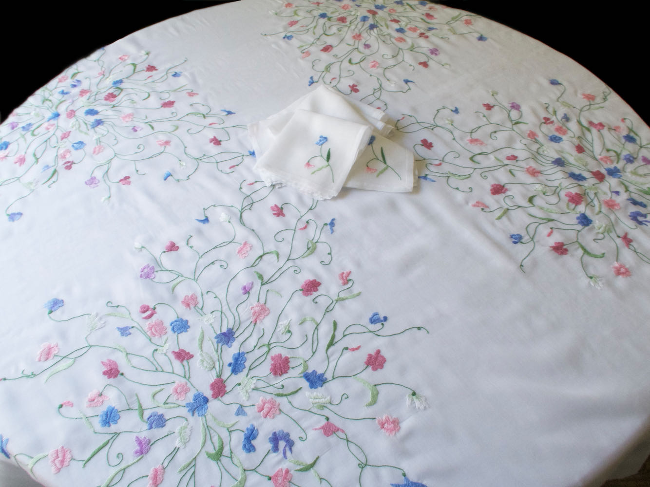 Vintage Colorful Voile Tea Size Square Tablecloth 56" & 8 Napkins