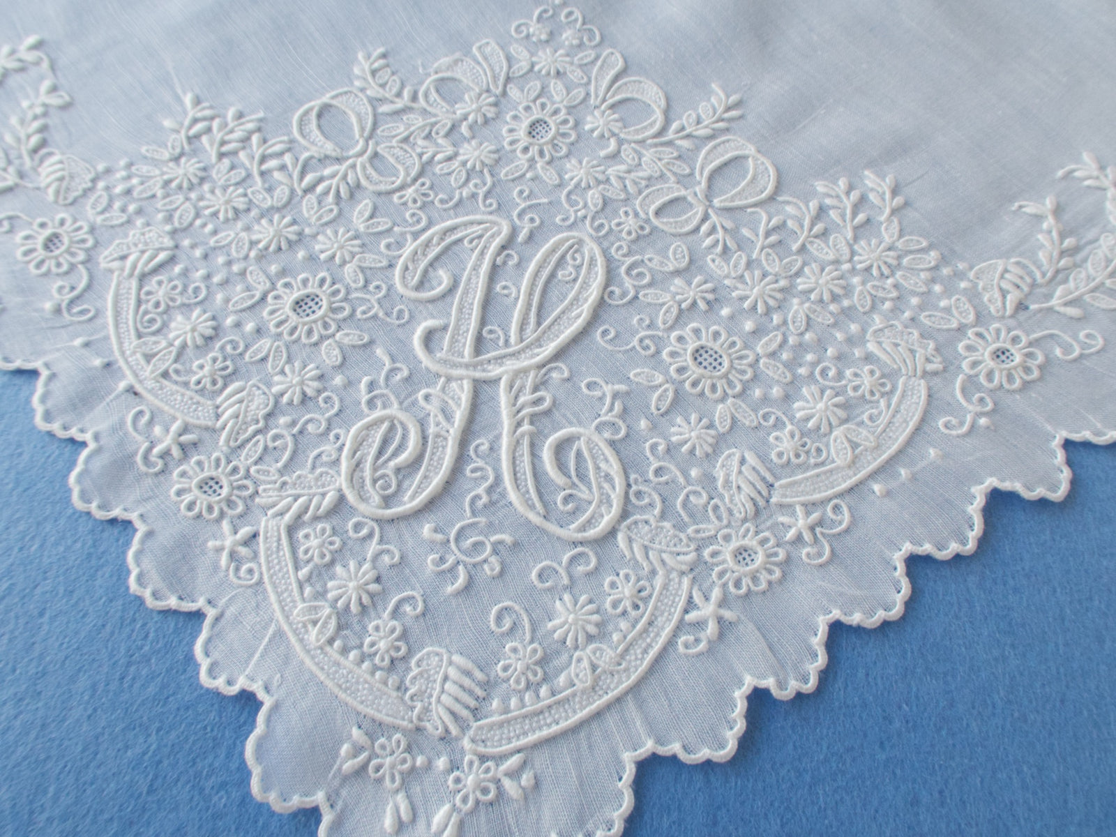 Vintage Madeira "H" Monogram Elaborate Wedding Hanky 16"