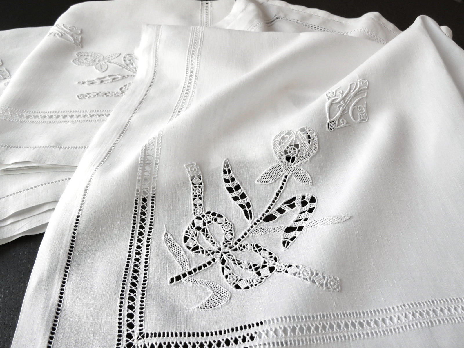 Opulent Vintage French Oversized Table Napkins Linen & Lace, Set of 12