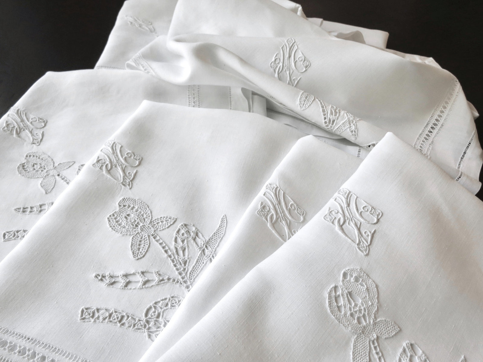 Opulent Vintage French Oversized Table Napkins Linen & Lace, Set of 12