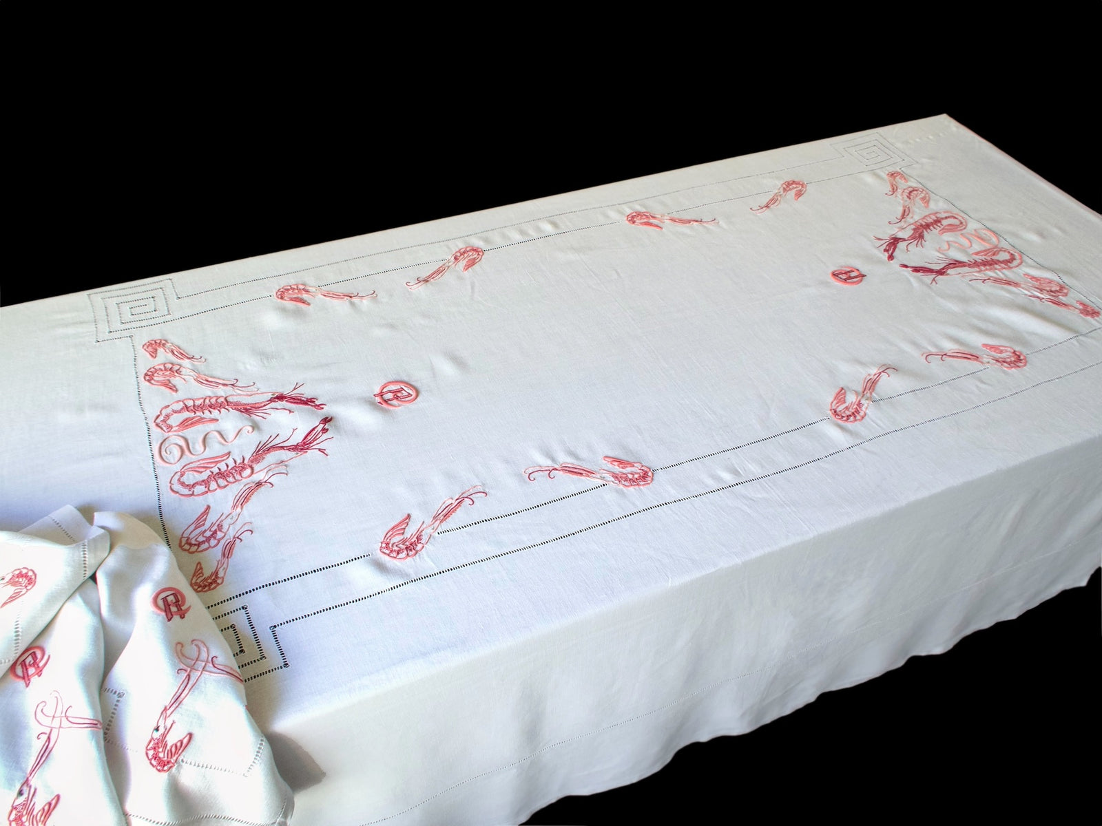 Antique French langoustine linen tablecloth, full view, rectangular 74x106 inches