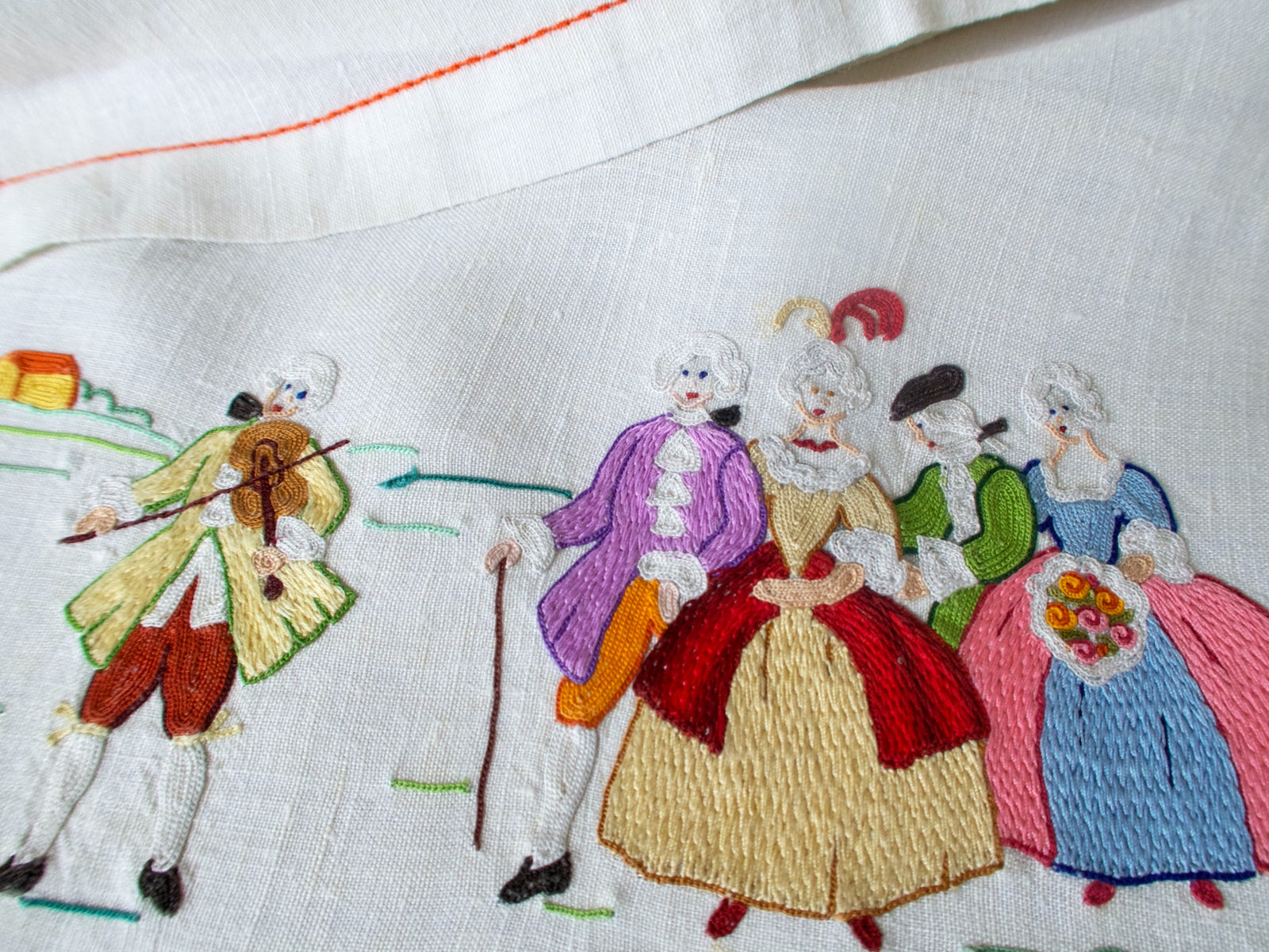 Marie Antoinette Vintage Beauvais Embroidery 108" Linen Tablecloth, 8 Napkins