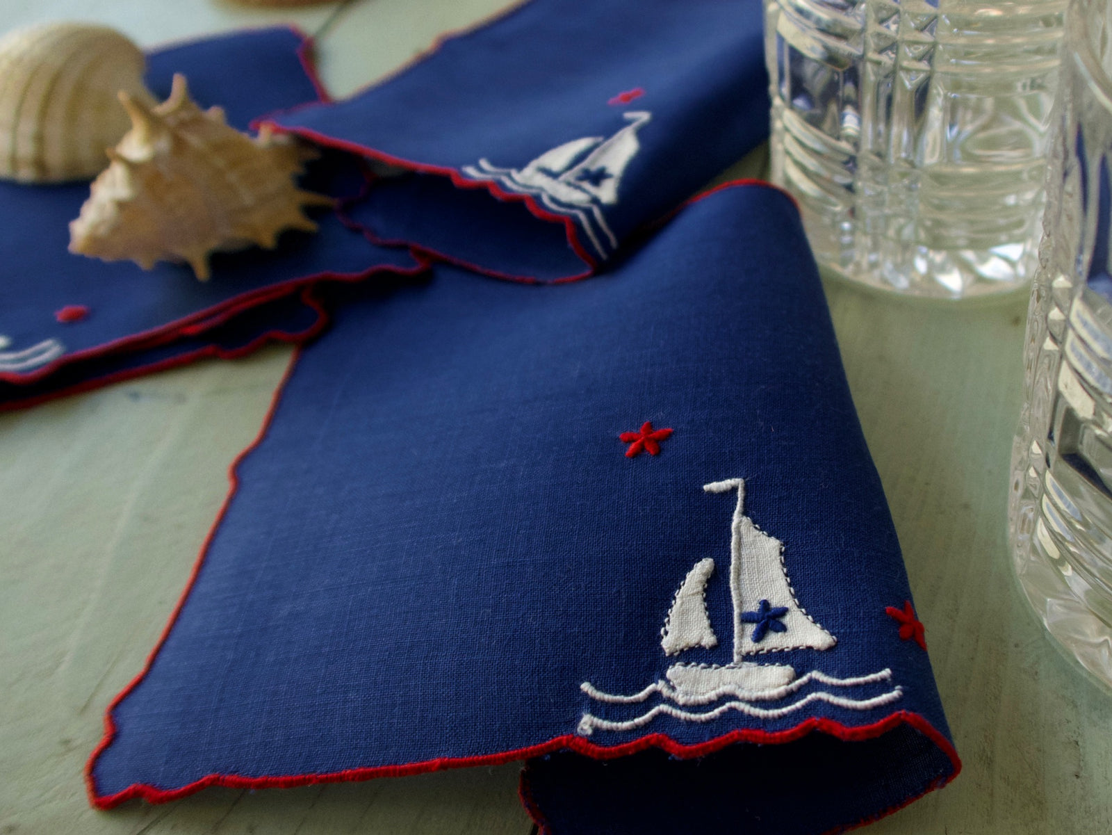 Sailboat & Stars Vintage Madeira Linen Cocktail Napkins, Set of 6
