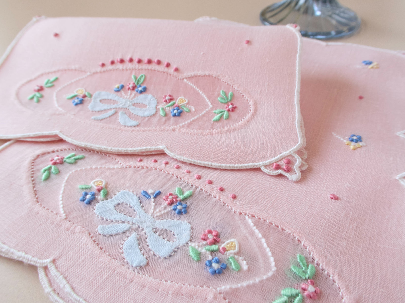 Bows & Flowers on Pink Linen Vintage Madeira Cocktail Napkins ~ Set of 6