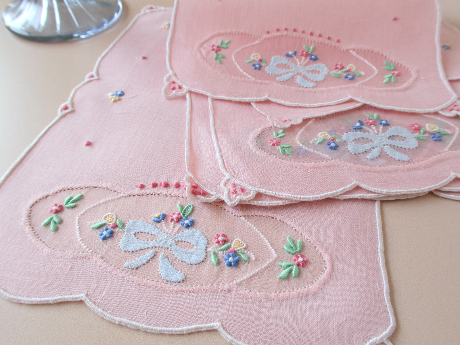 Bows & Flowers on Pink Linen Vintage Madeira Cocktail Napkins ~ Set of 6