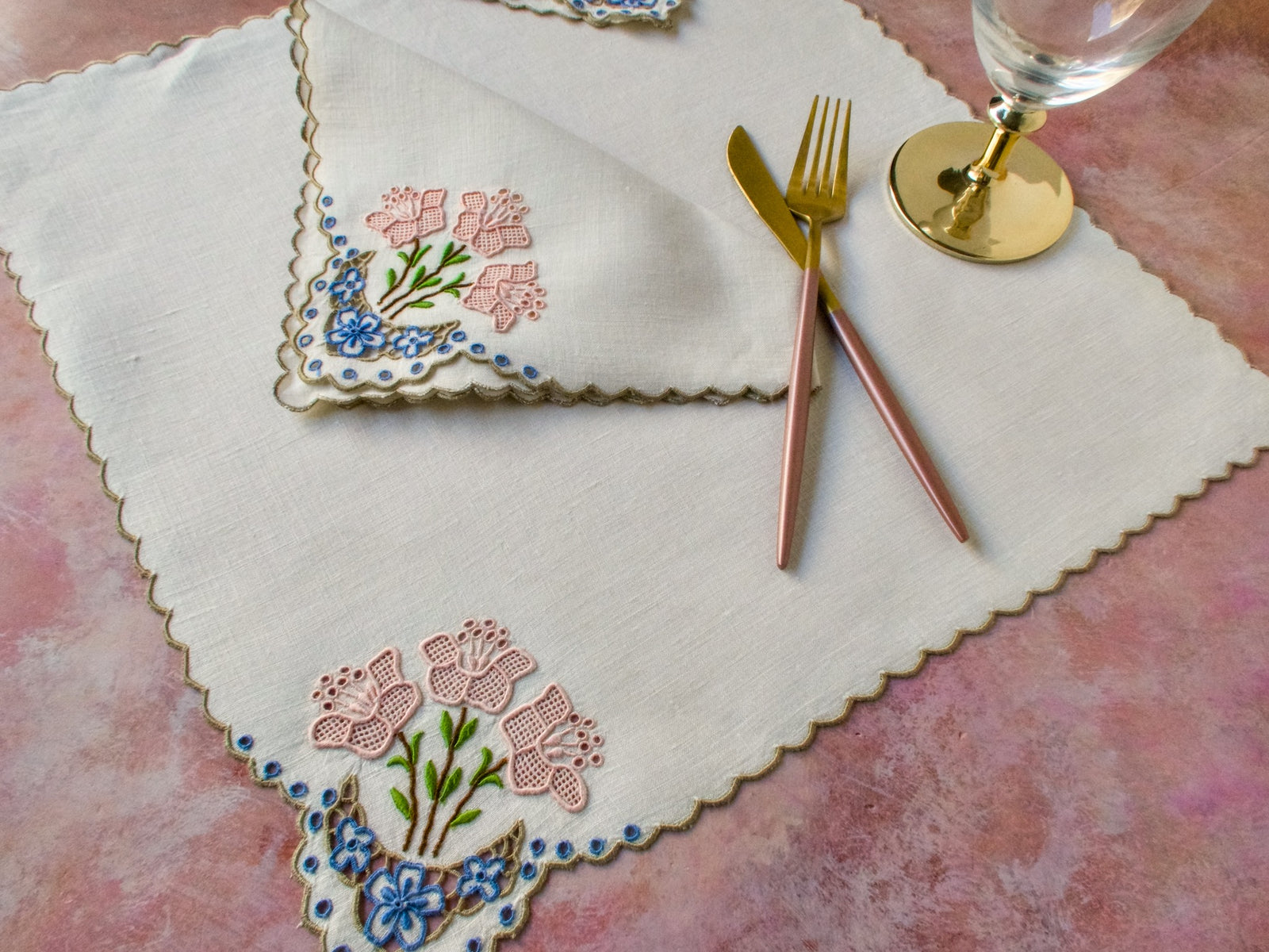 Pink Flowers Vintage Madeira Linen Table Napkins, Set of 6