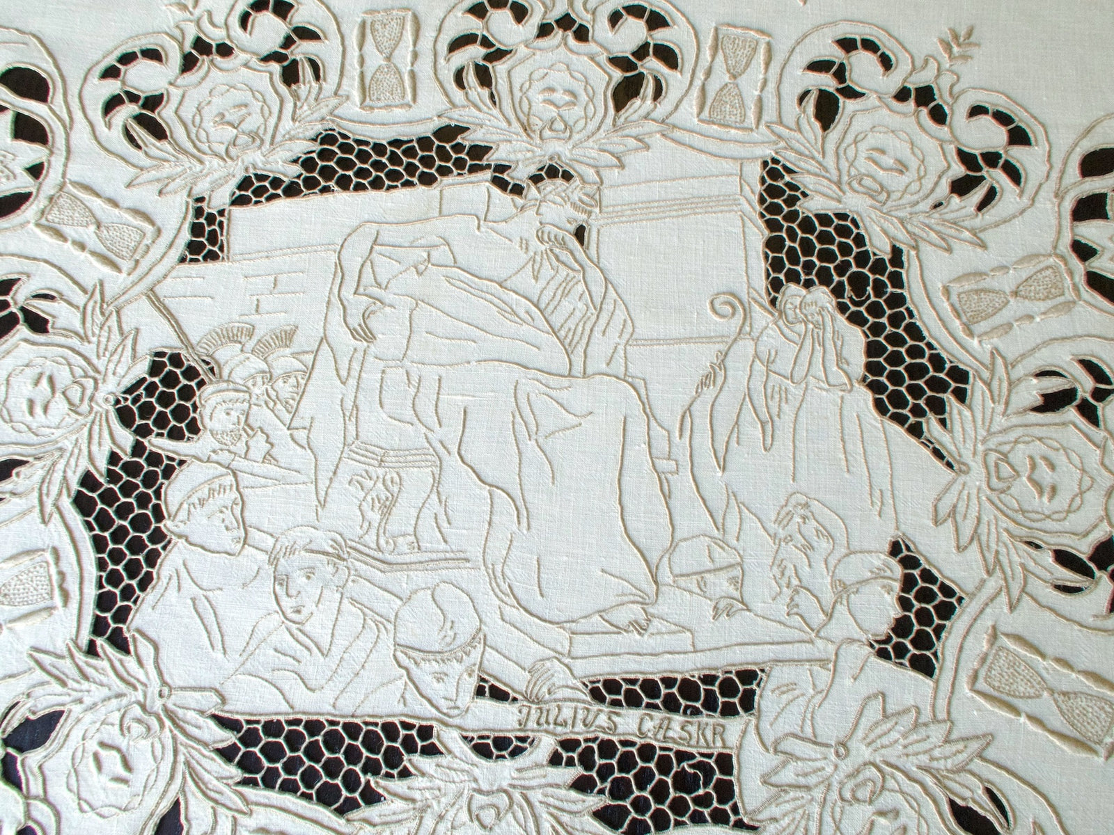 Vintage Madeira tablecloth with hand-embroidered Shakespeare scenes, Julius Caesar