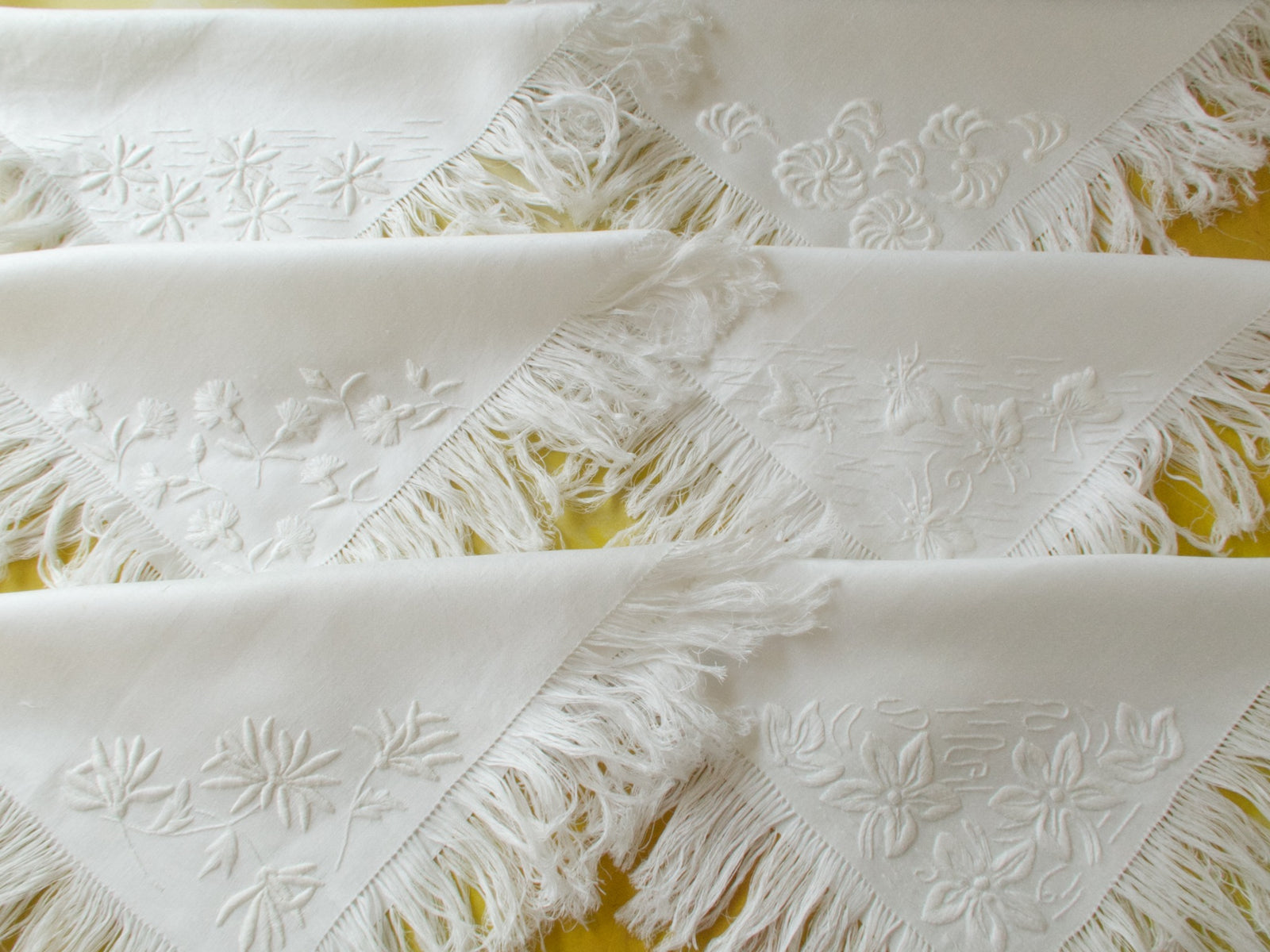 Heavily Embroidered Vintage Linen 17" Napkins, Set of 6