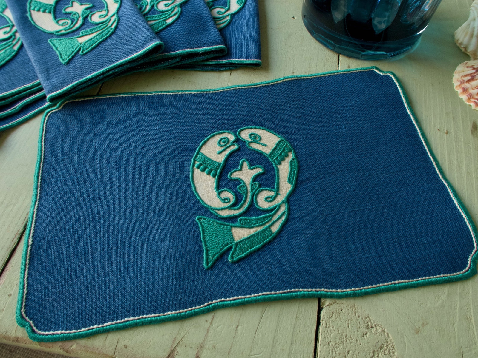 Stylized Fish Vintage Madeira Linen Cocktail Napkins, Set of 8