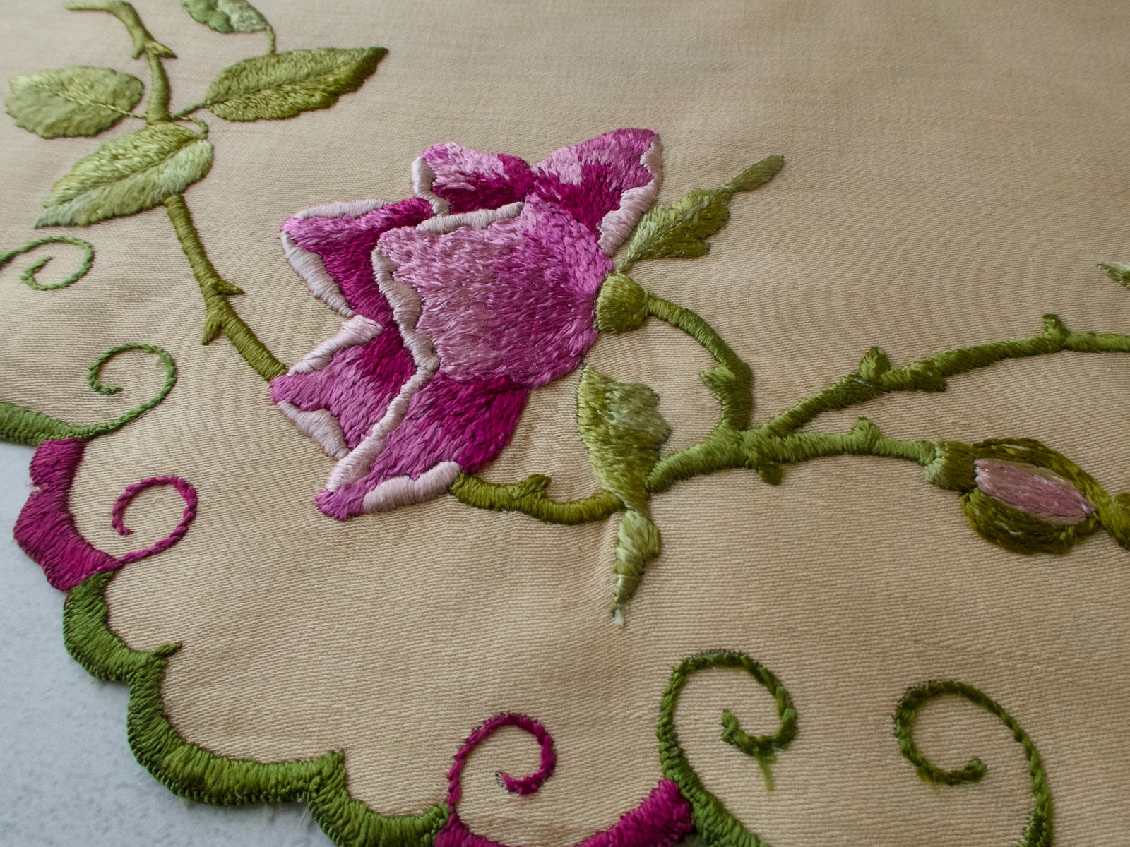 Violet Roses Vintage Silk Embroidery Centerpiece Doily 18"