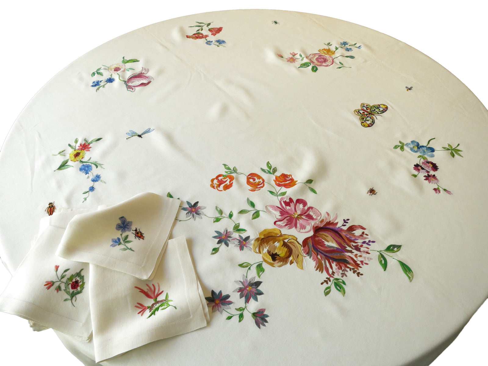 Insects & Flowers Vintage D Porthault Beauvais Round 74" Tablecloth 12 Napkins
