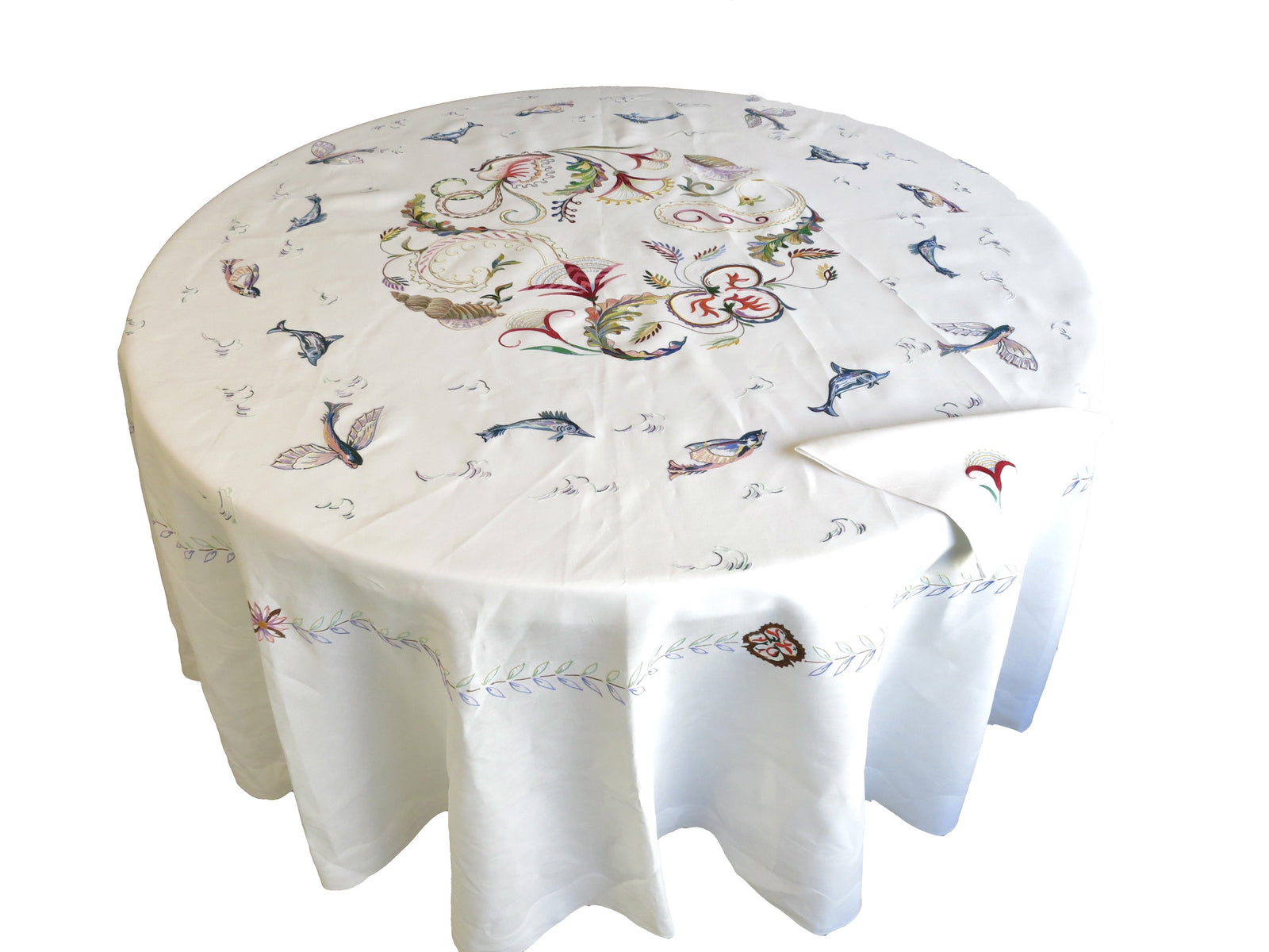 Fish Marine Life Vintage D Porthault Beauvais Embroidery Round Tablecloth & Napkins