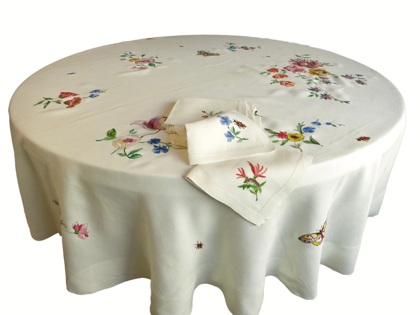 Insects & Flowers Vintage D Porthault Beauvais Round 74" Tablecloth 12 Napkins