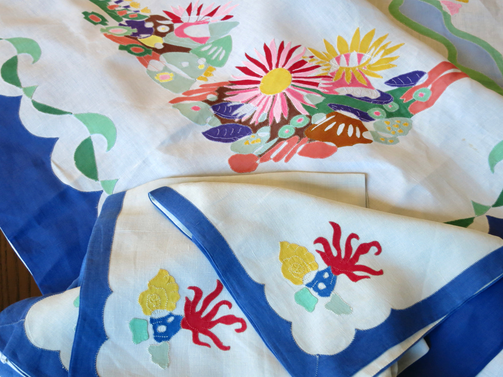 Matisse Inspired Sea Life Hand Appliqué D Porthault 70x108" Tablecloth & Napkins