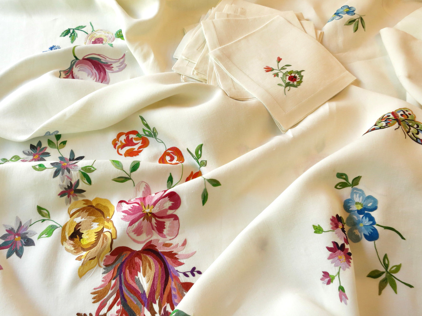 Insects & Flowers Vintage D Porthault Beauvais Round 74" Tablecloth 12 Napkins