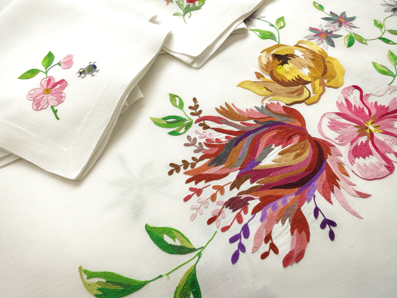 Insects & Flowers Vintage D Porthault Beauvais Round 74" Tablecloth 12 Napkins