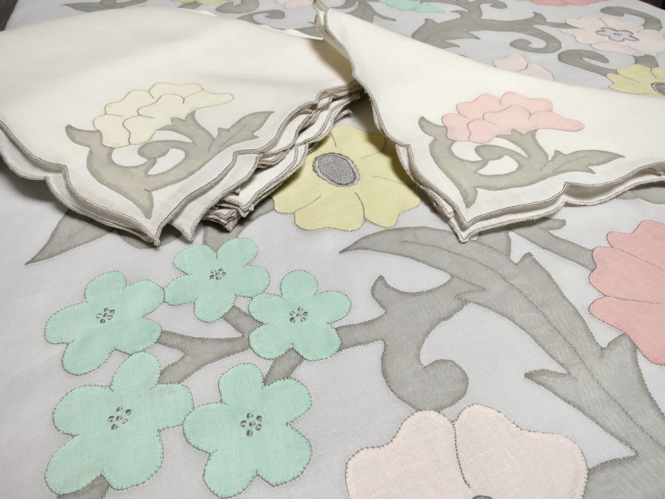 "Les Fleurs" Vintage Marghab Madeira Tablecloth 66x140