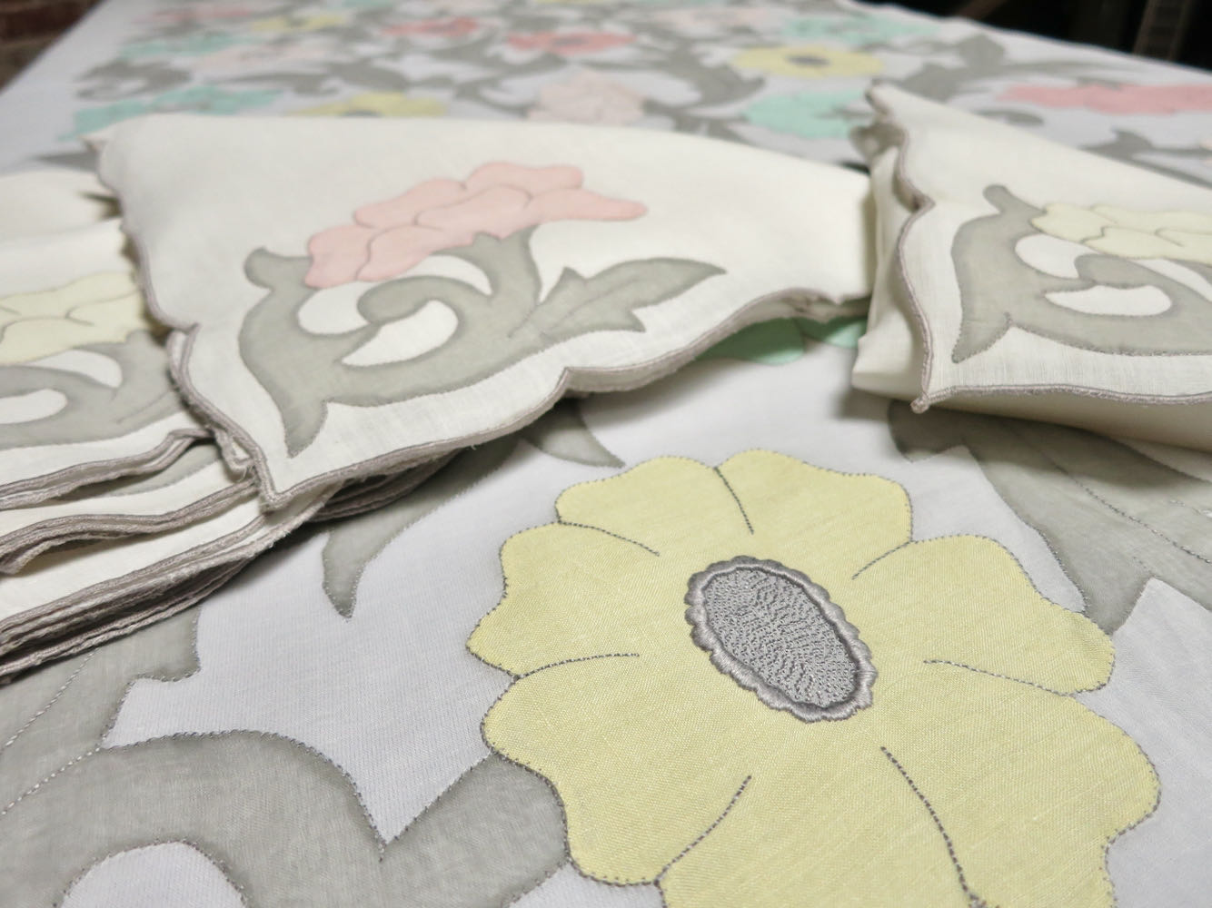 "Les Fleurs" Vintage Marghab Madeira Tablecloth 66x140