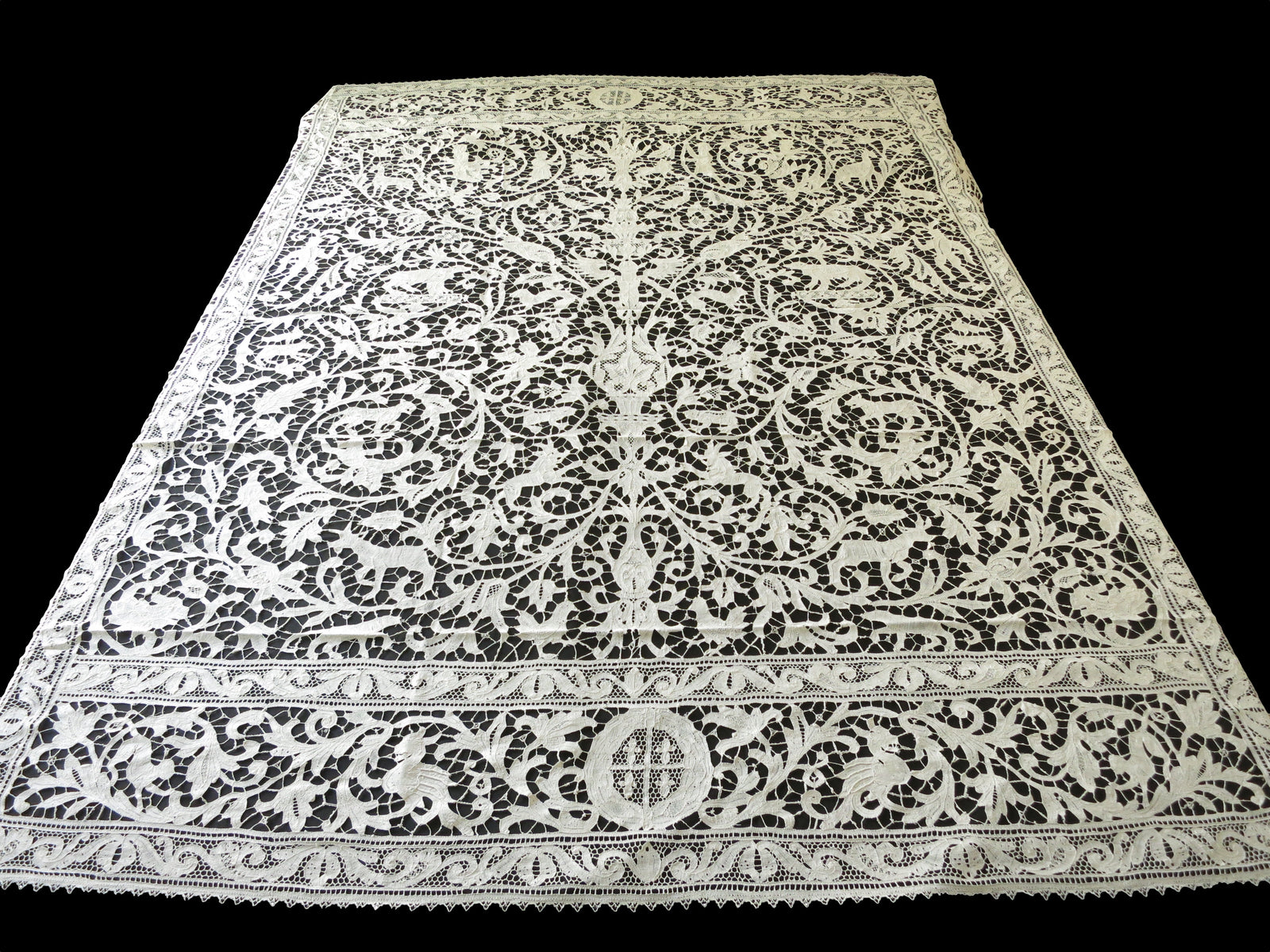 Antique Coverlet 19thC Bobbin Lace ~ Animals, Hunters & Mythological Creatures