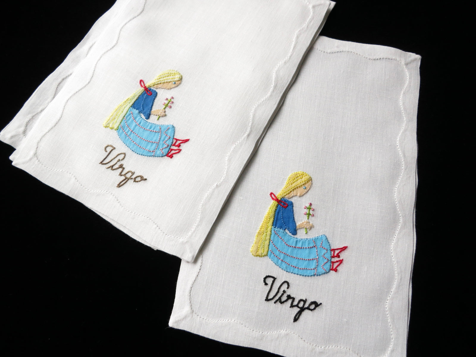 Vintage Virgo Zodiac Madeira Embroidered Linen Cocktail Napkins, Set of 8