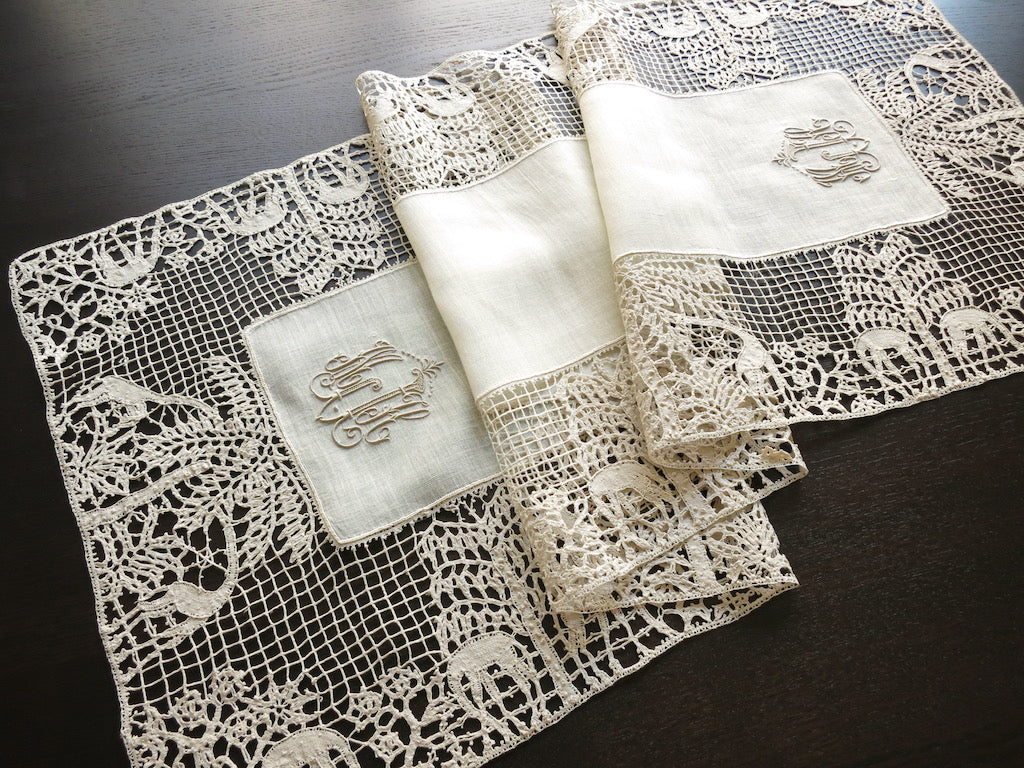 Giraffes in Handmade Lace Antique Table Runner 15x43"