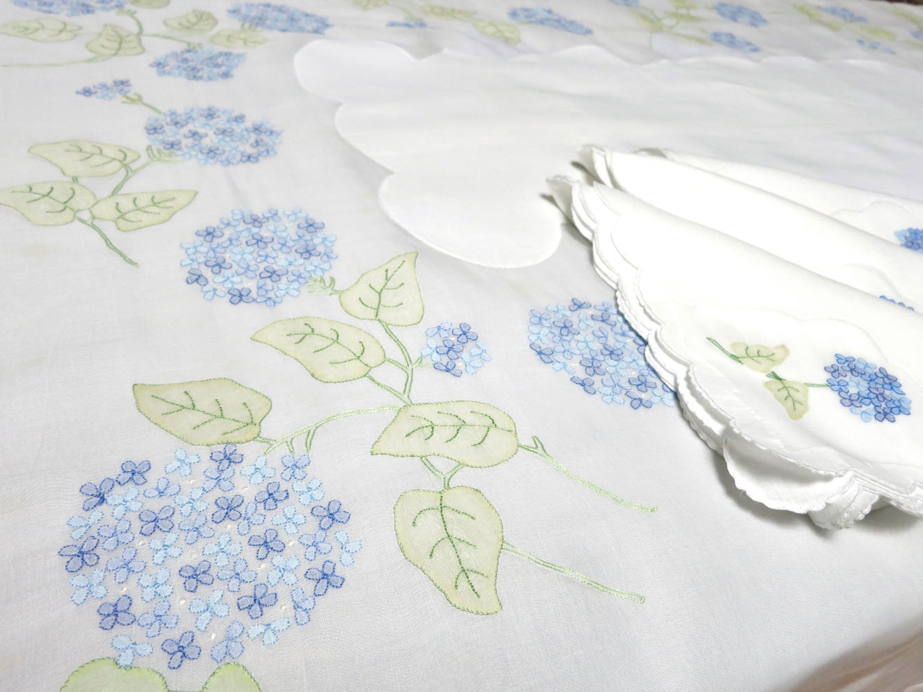 Vintage Madeira organdy tablecloth embroidered with blue hydrangea flowers on sheer linen