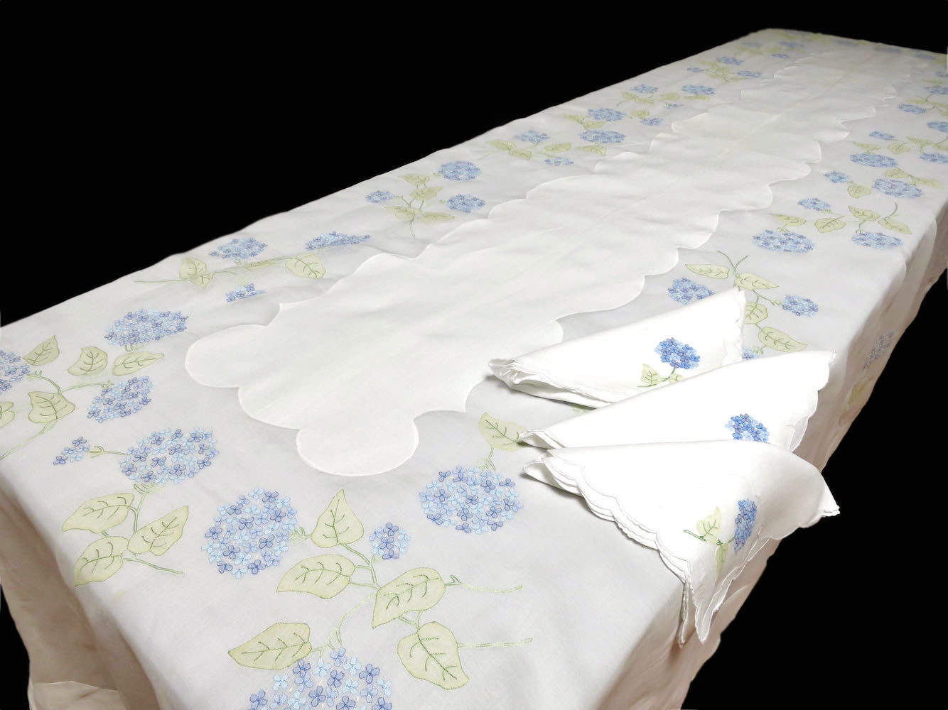 Blue hydrangea embroidery on vintage Madeira organdy tablecloth and matching napkins