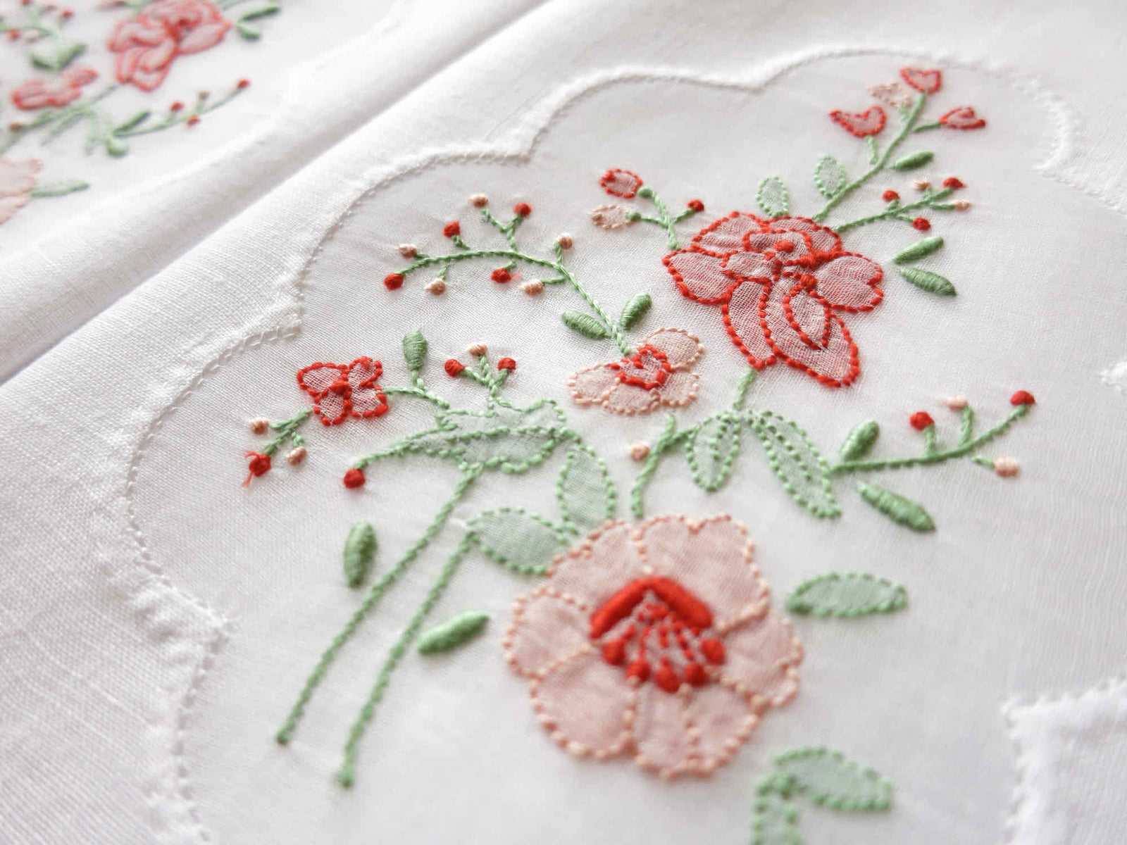 Orange Flowers Vintage Madeira Linen Guest Towels - Set of 2