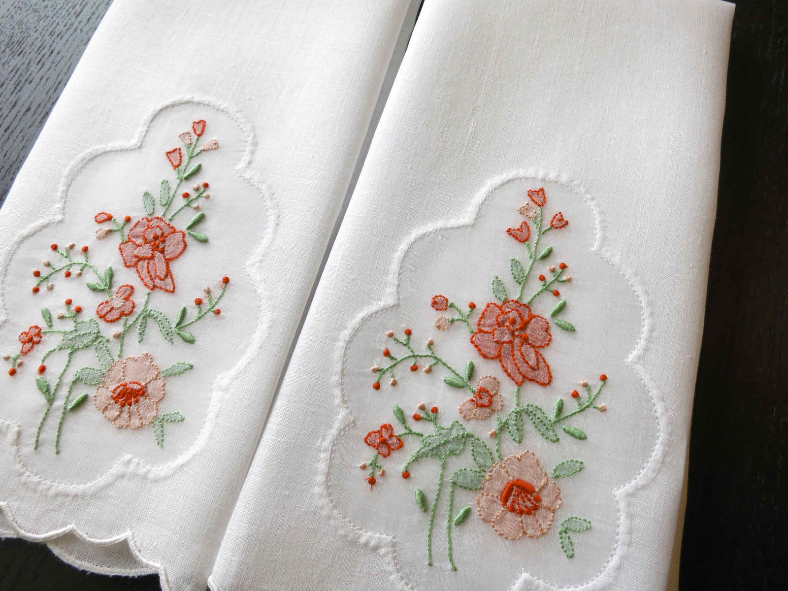 Orange Flowers Vintage Madeira Linen Guest Towels - Set of 2