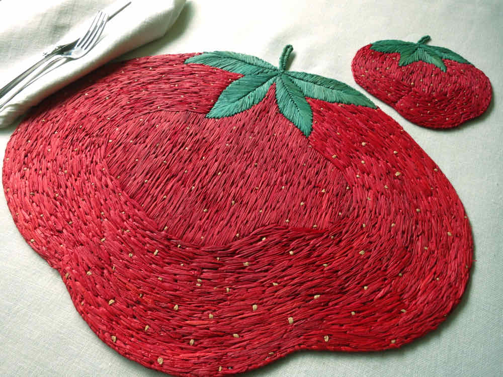 Strawberries Vintage Rapisardi Italian 16pc Raffia Placemats & Coasters Set for 8