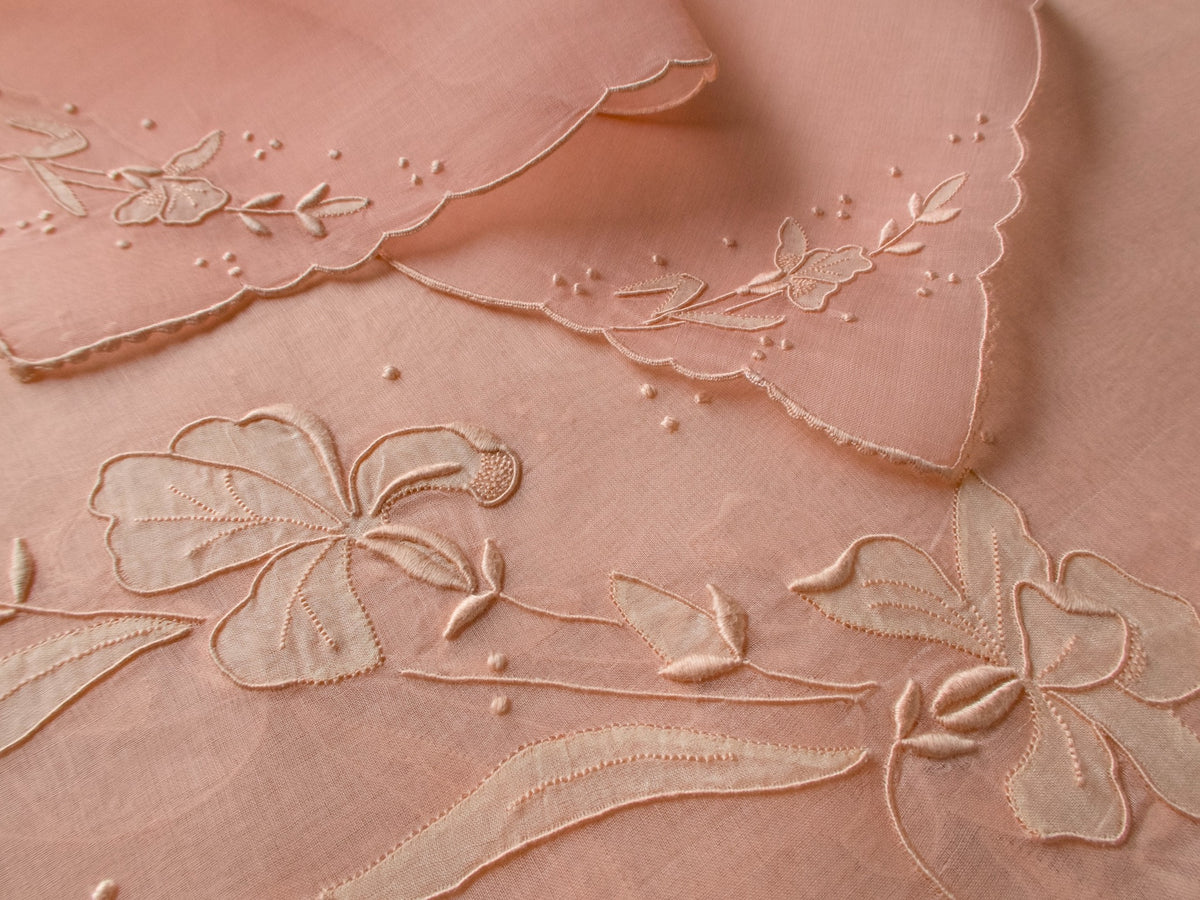 Vintage Marghab “Iris” organdy tablecloth and napkins in coral, hand embroidered with delicate irises on fine sheer organdy.