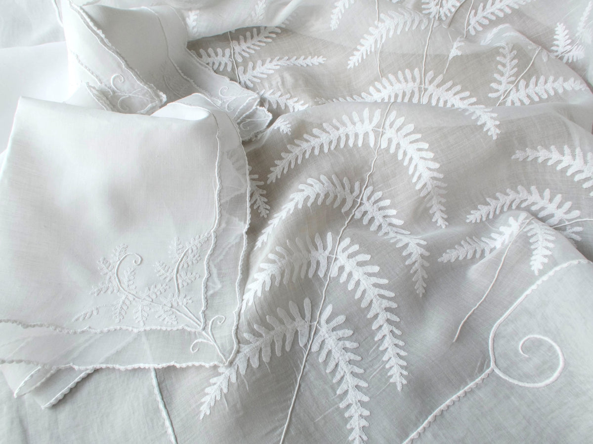 Vintage Marghab “Fern” organdy tablecloth and napkins, hand embroidered in Madeira with delicate appliquéd fern fronds and caseado bastido borders.