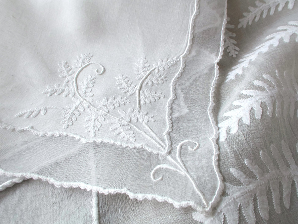 Vintage Marghab “Fern” organdy tablecloth and napkins, hand embroidered in Madeira with delicate appliquéd fern fronds and caseado bastido borders.