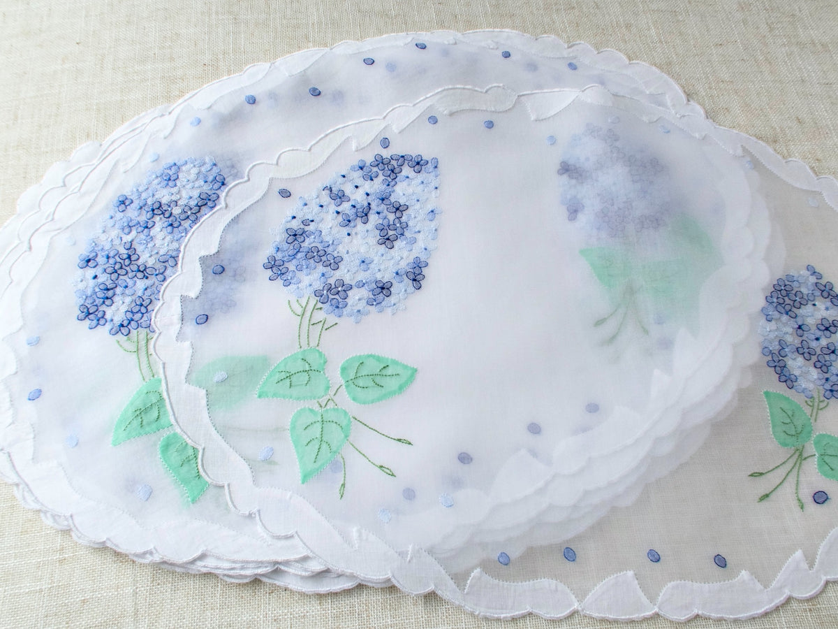 Hydrangeas in Blue Vintage Madeira 8 Organdy Oval Placemats