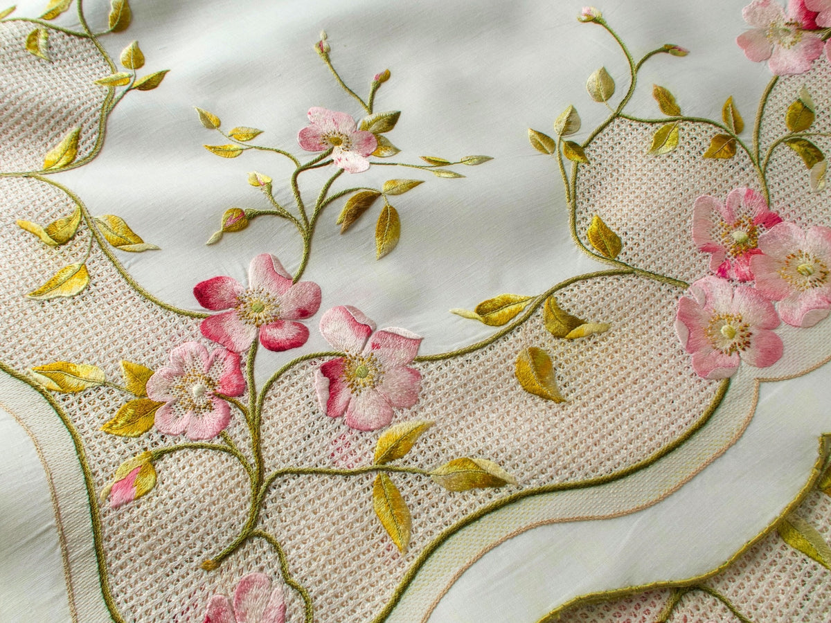 Vintage Silk Society Embroidery Tablecloth Topper 36&quot; x 36&quot;