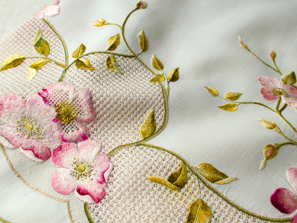 Vintage Silk Society Embroidery Tablecloth Topper 36&quot; x 36&quot;