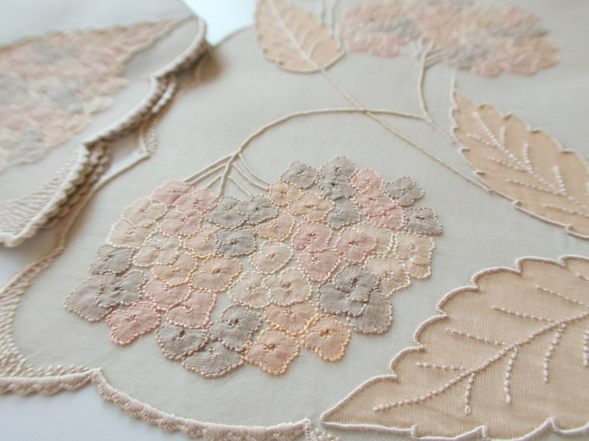 detail closeup of a vintage Marghab “Hydrangea” placemat, hand embroidered in Madeira on fine organdy and linen, featuring intricate hydrangea blossoms in soft shades of cream and beige.