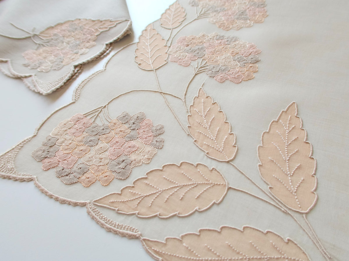 Vintage Marghab “Hydrangea” placemat and napkin set, hand embroidered in Madeira on fine organdy and linen, featuring intricate hydrangea blossoms in soft shades of cream and beige.