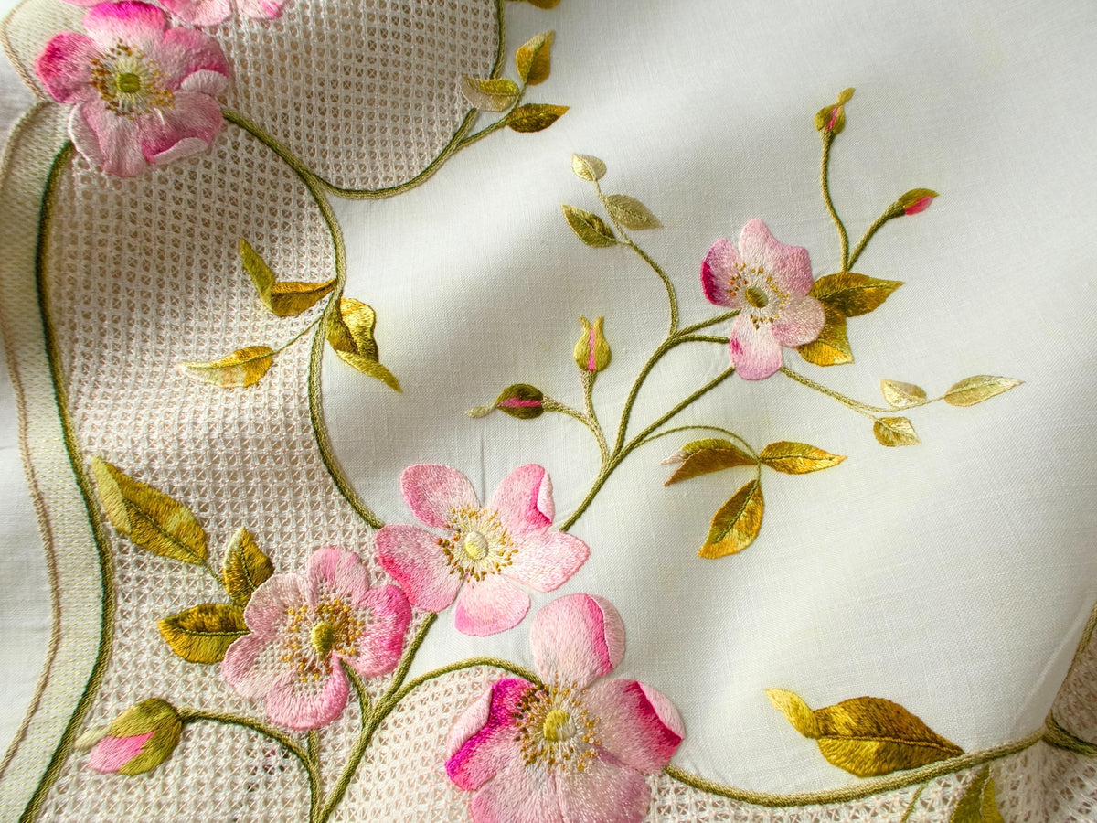 Vintage Silk Society Embroidery Tablecloth Topper 36&quot; x 36&quot;