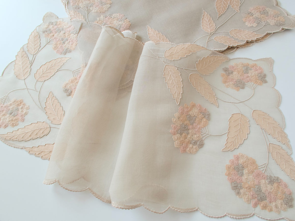 Vintage Marghab “Hydrangea” table runner, hand embroidered in Madeira on fine organdy and linen, featuring intricate hydrangea blossoms in soft shades of cream and beige.