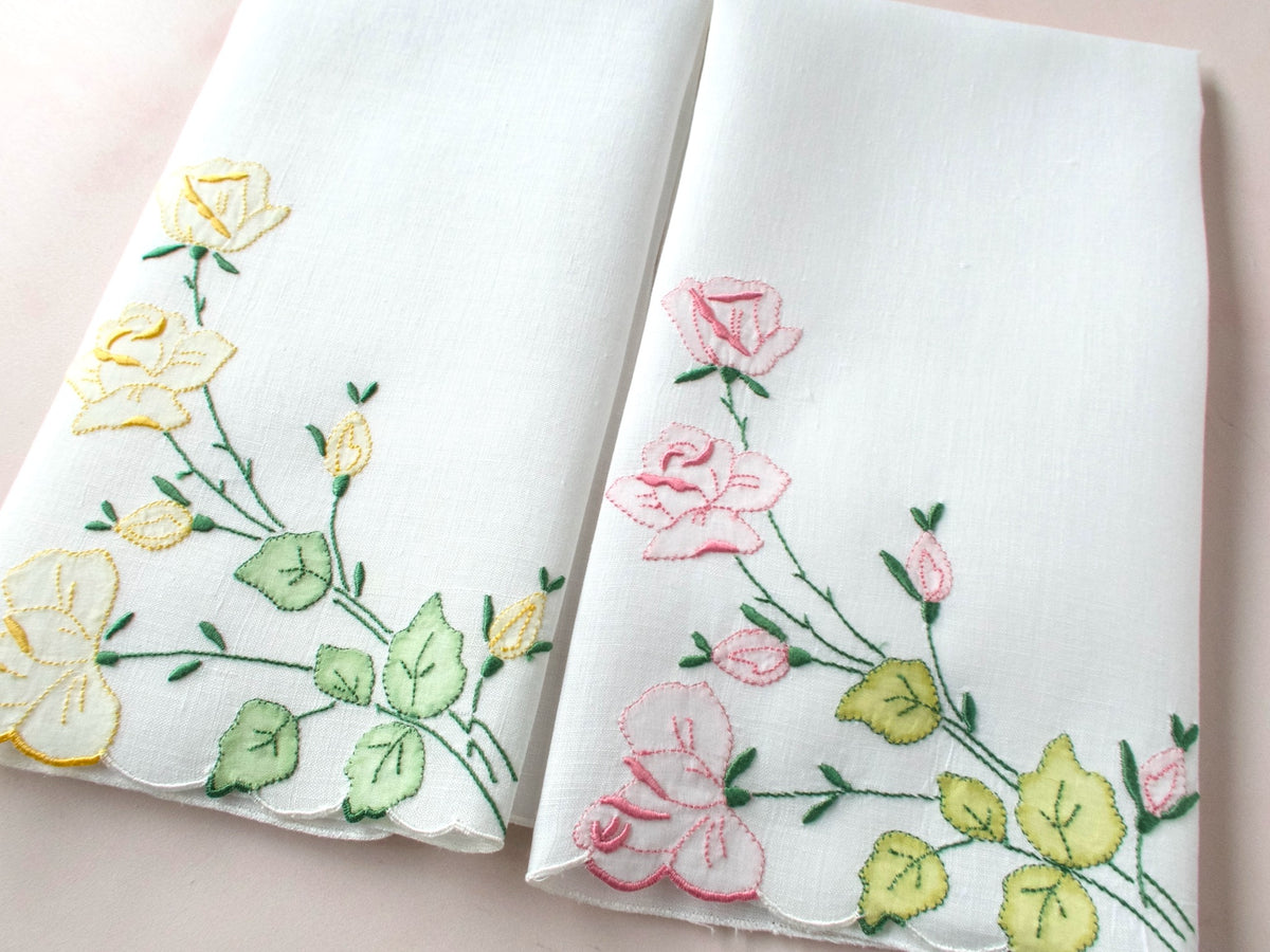 Roses Vintage Madeira Linen Guest Towels, Set of 2