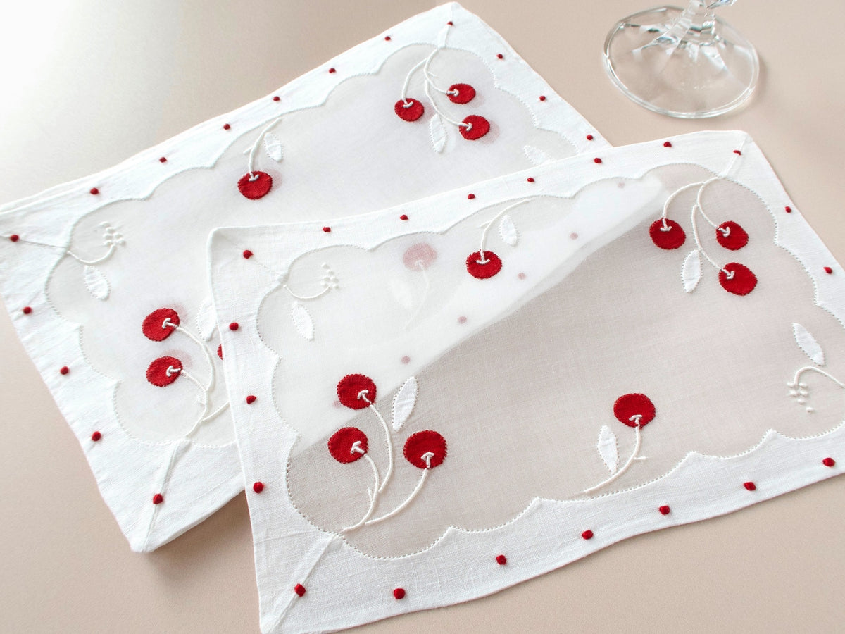 Vintage Madeira linen and organdy cocktail napkins with red cherry appliqué and white leaf embroidery in organdy center, scalloped repliqué border with red dot accents