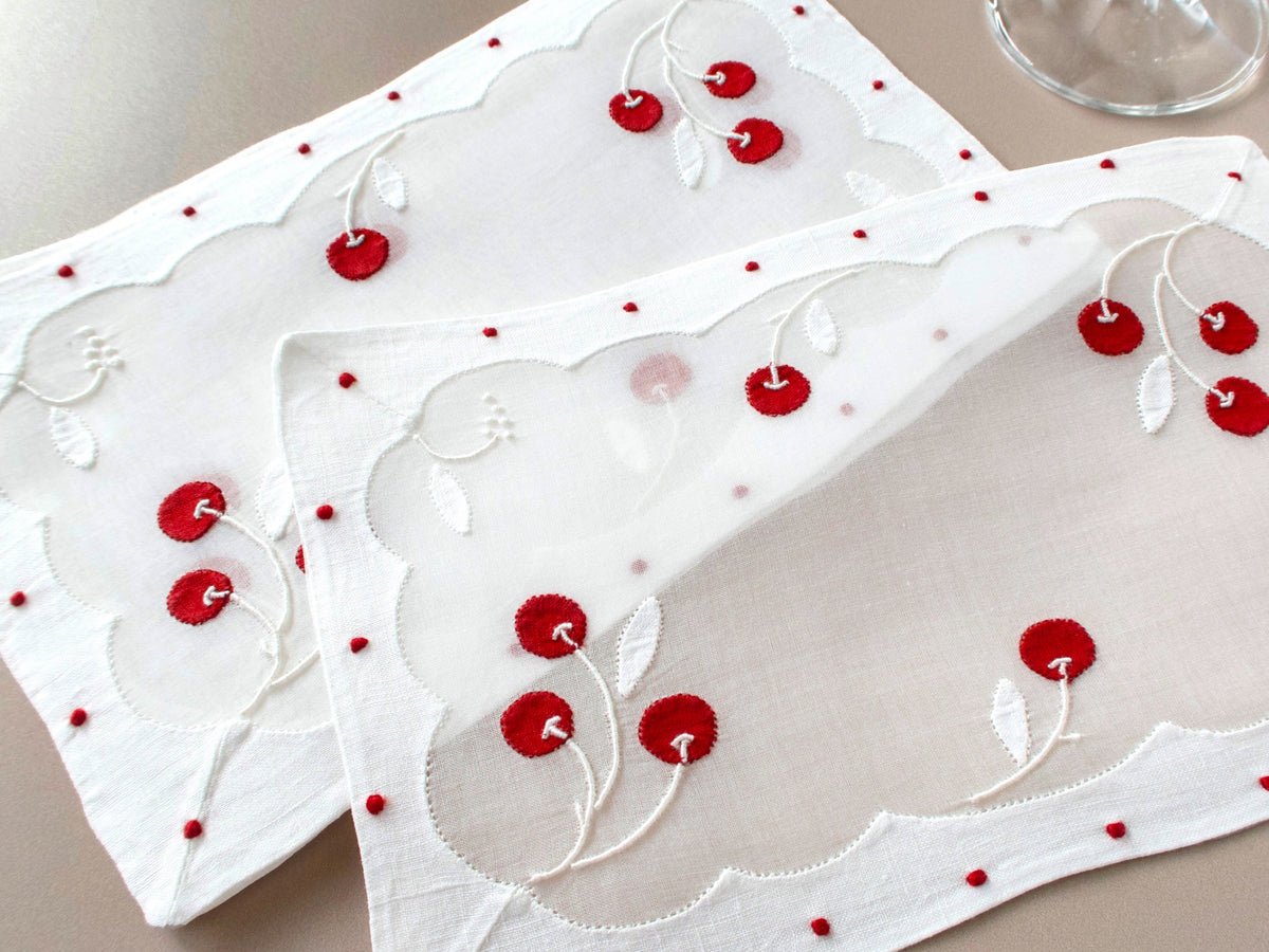Vintage Madeira linen and organdy cocktail napkins with red cherry appliqué and white leaf embroidery in organdy center, scalloped repliqué border with red dot accents