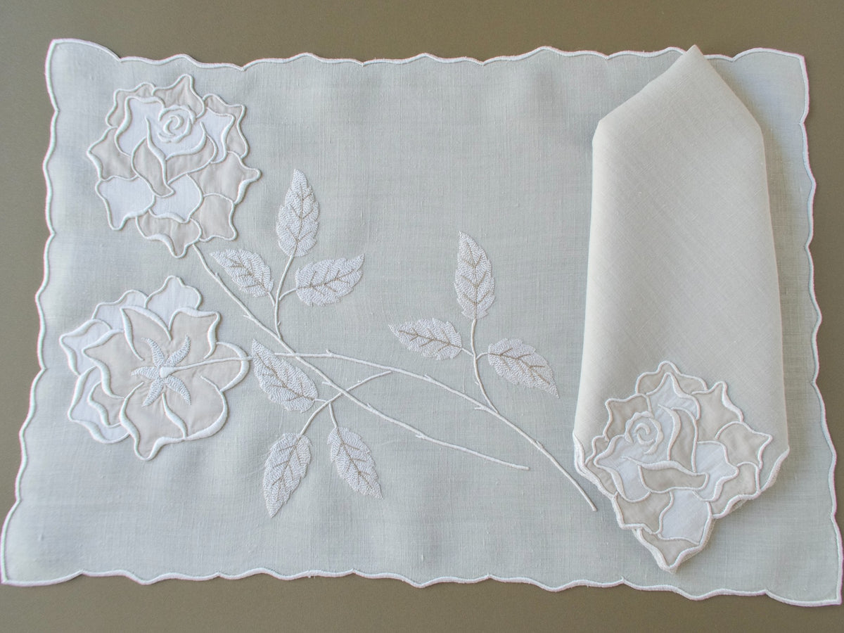 intage Marghab "Rose" placemat with folded napkin showing rose embroidery