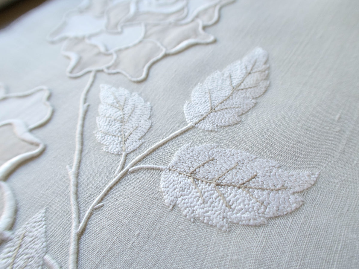 Vintage Marghab "Rose" placemat close-up of seed stitched leaves and a thorned stem